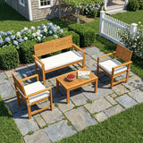 Outsunny 4 Seater Acacia Wood Garden Furniture Set with Loveseat, Armchairs, Table & Cushions – Garden Sofa Set, Cream White