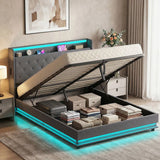 HOMCOM 5ft King Bed Frame with Hydraulic Storage, LED Lights and Charging Station – Ottoman Bed, Grey