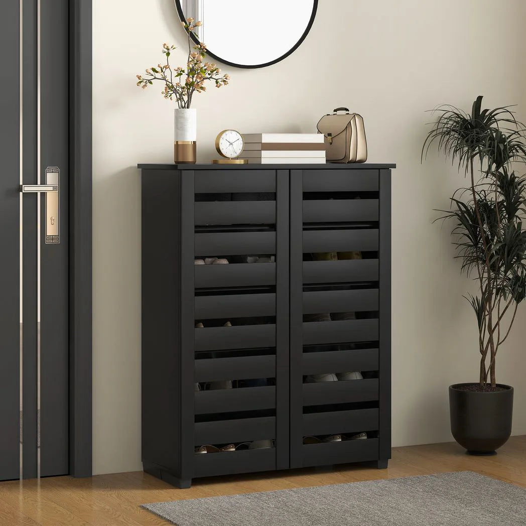 HOMCOM 5-Tier Narrow Shoe Cabinet with Slatted Doors and Adjustable Shelves – Holds 15 Pairs, Black