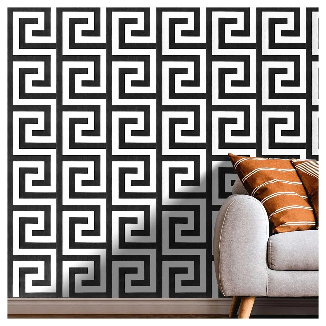 Debona Athena Greek Key Metallic Glitter Wallpaper, White and Black – 10m Roll