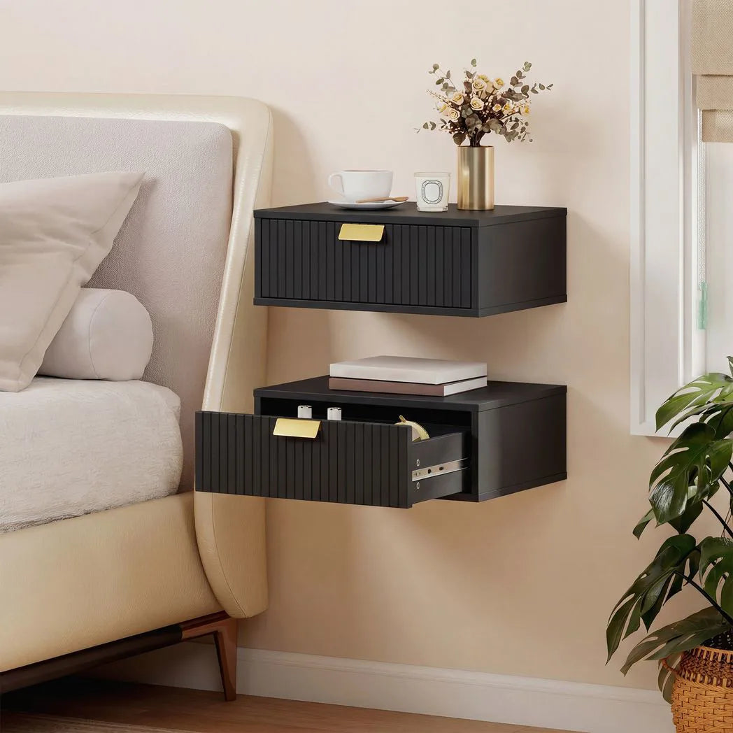 HOMCOM Set of 2 Floating Bedside Tables with Wave Drawer – Wall-Mounted Stackable Nightstands, Black