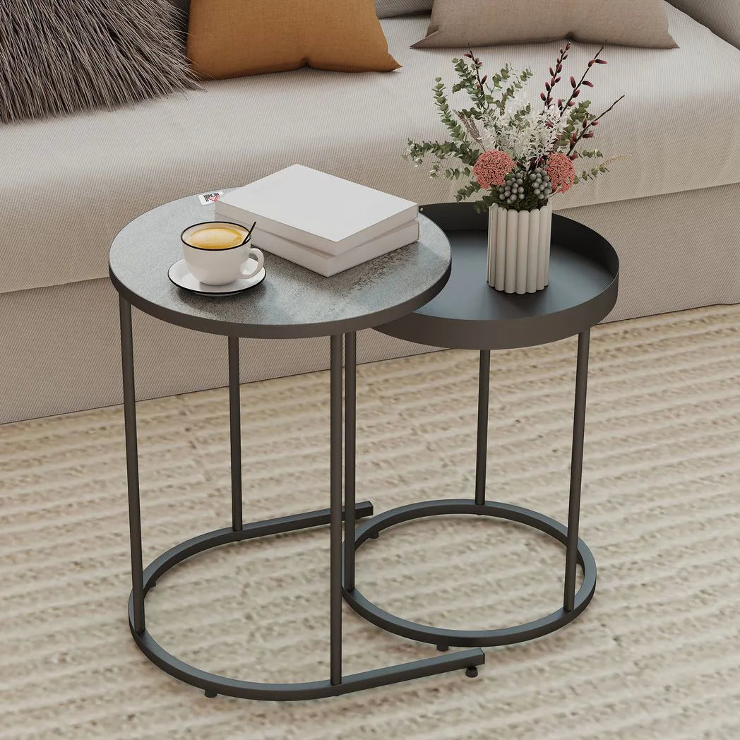 HOMCOM Set of Two Industrial Round Nesting Tables with Metal Frames – Coffee and Side Tables, Grey