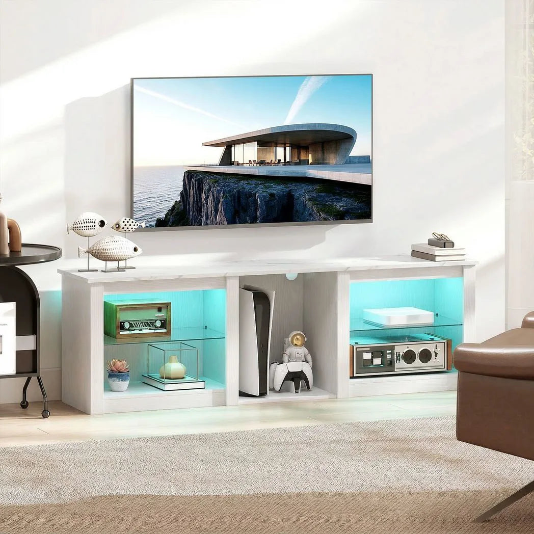 HOMCOM 70in TV Stand with Remote-Controlled LED Lights, Glass Shelves and Cable Management – Media Unit, White