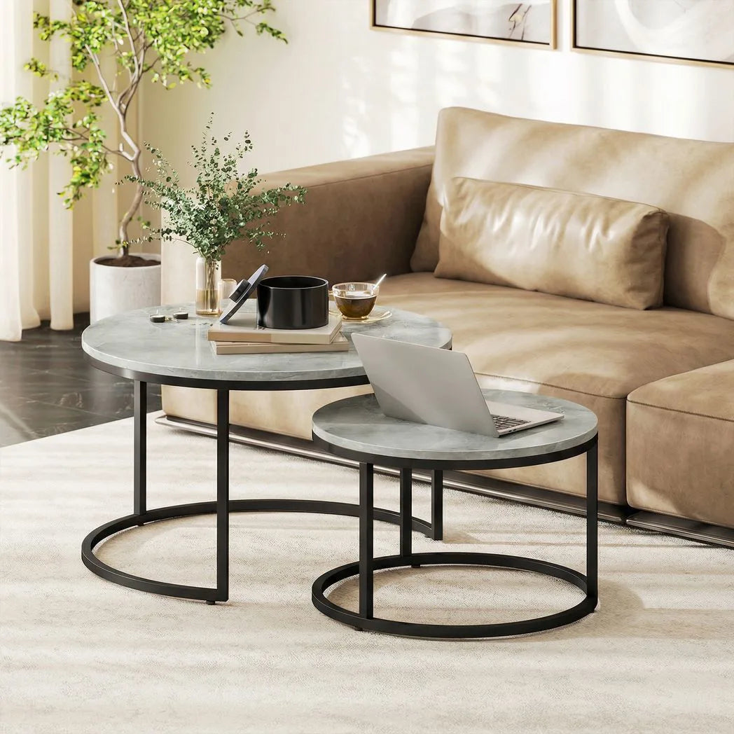 HOMCOM Set of 2 Round Nesting Coffee Tables with Marble-Effect Top & Steel Frame – Stacking Side Tables, Grey