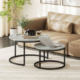 HOMCOM Set of 2 Round Nesting Coffee Tables with Marble-Effect Top & Steel Frame – Stacking Side Tables, Grey