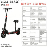 H9 Electric Scooter with Seat, 500W Peak Motor & 48V 15.6Ah Battery – Foldable Adult Commuter E-Scooter