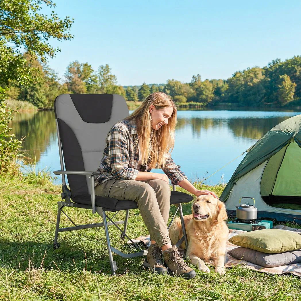 Outsunny Reclining Camping Chair with Padded Seat, Wide Armrests & Adjustable Legs – Folding Fishing Chair, Black