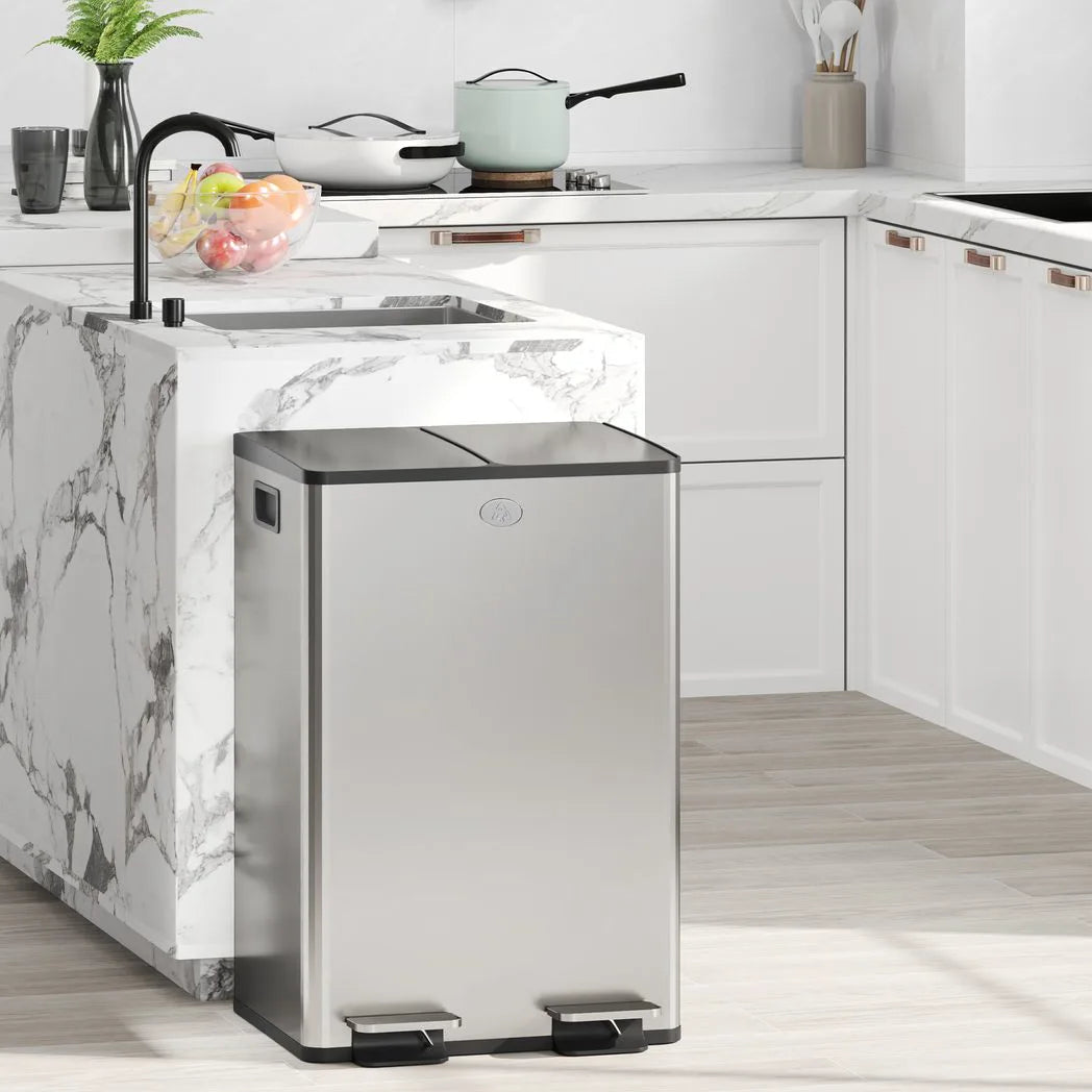 HOMCOM 56L Dual Compartment Pedal Bin with Deodoriser Holders & Soft-Close Lid – Stainless Steel