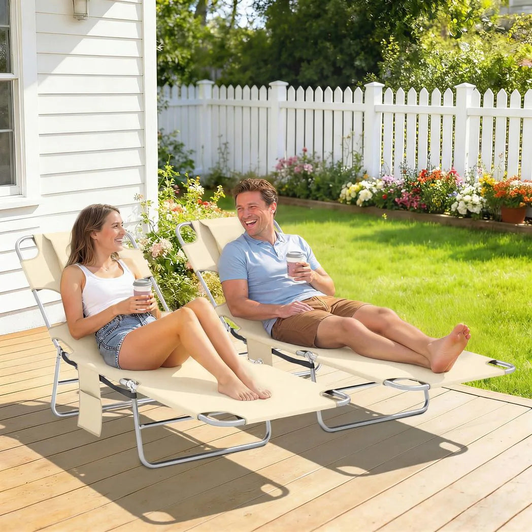 Outsunny Set of 2 Folding Sun Loungers with 5-Position Backrest, Face Hole and Side Pocket, Beige