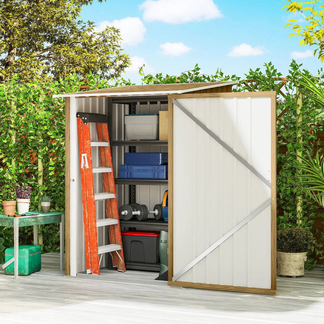 Outsunny Lean-To Steel Garden Shed with Locking Door – 3.3 x 3.4ft Tool Storage, Light Brown Wood Effect/White