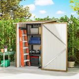 Outsunny Lean-To Steel Garden Shed with Locking Door – 3.3 x 3.4ft Tool Storage, Light Brown Wood Effect/White