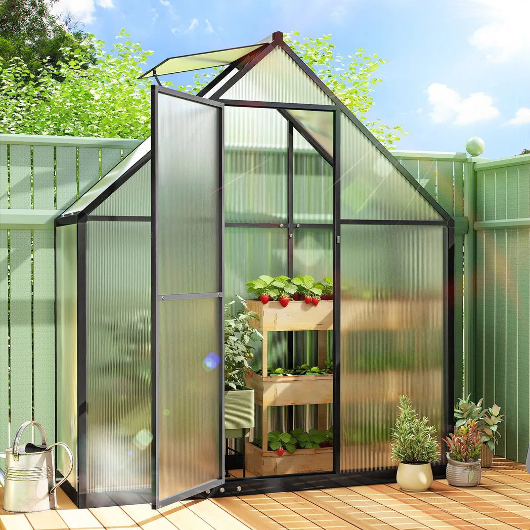 Outsunny 5.5 x 2ft Polycarbonate Walk-In Greenhouse with Push Door, Roof Vent & Rain Gutter – Quick Setup, Black
