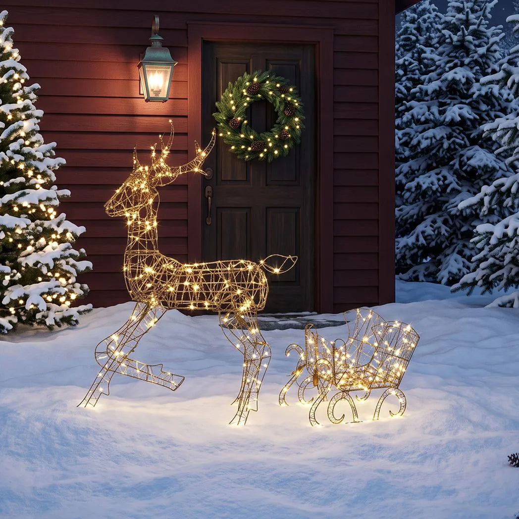 Outsunny Lighted Rattan Reindeer & Sleigh – 2 Piece