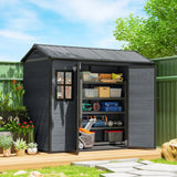Outsunny 8 x 4ft Wood-Effect Resin Garden Shed with Floor, Windows & Lockable Doors – Outdoor Storage, Dark Grey