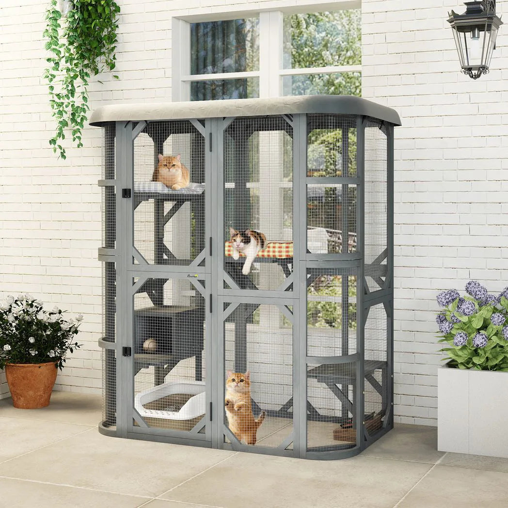 PawHut Outdoor Catio Cat Enclosure with Platforms, Condo and Waterproof Cover – Wooden, Grey