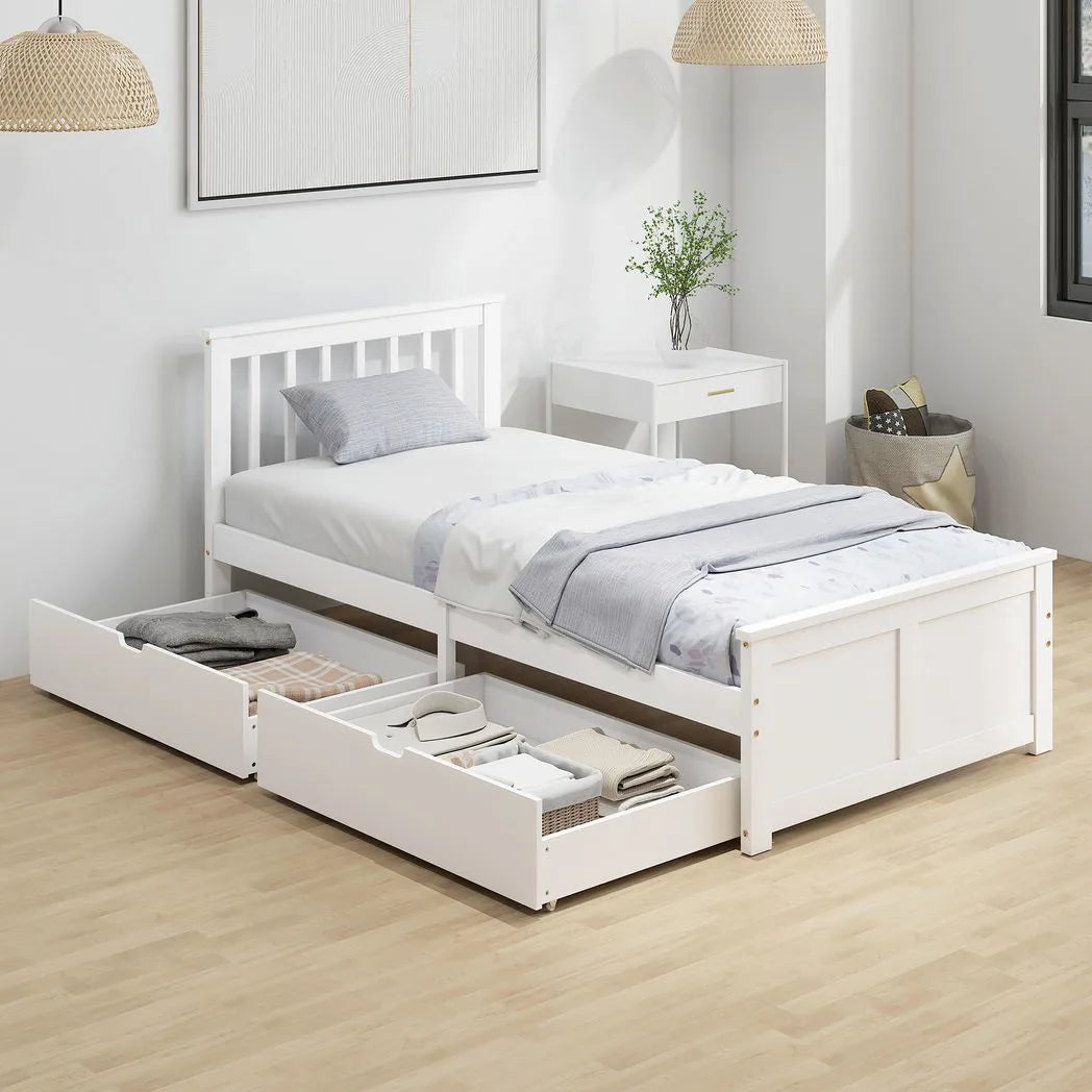HOMCOM Wooden Single Bed Frame with Two Wheeled Drawers – Pine Wood Storage Bed, 3ft, White