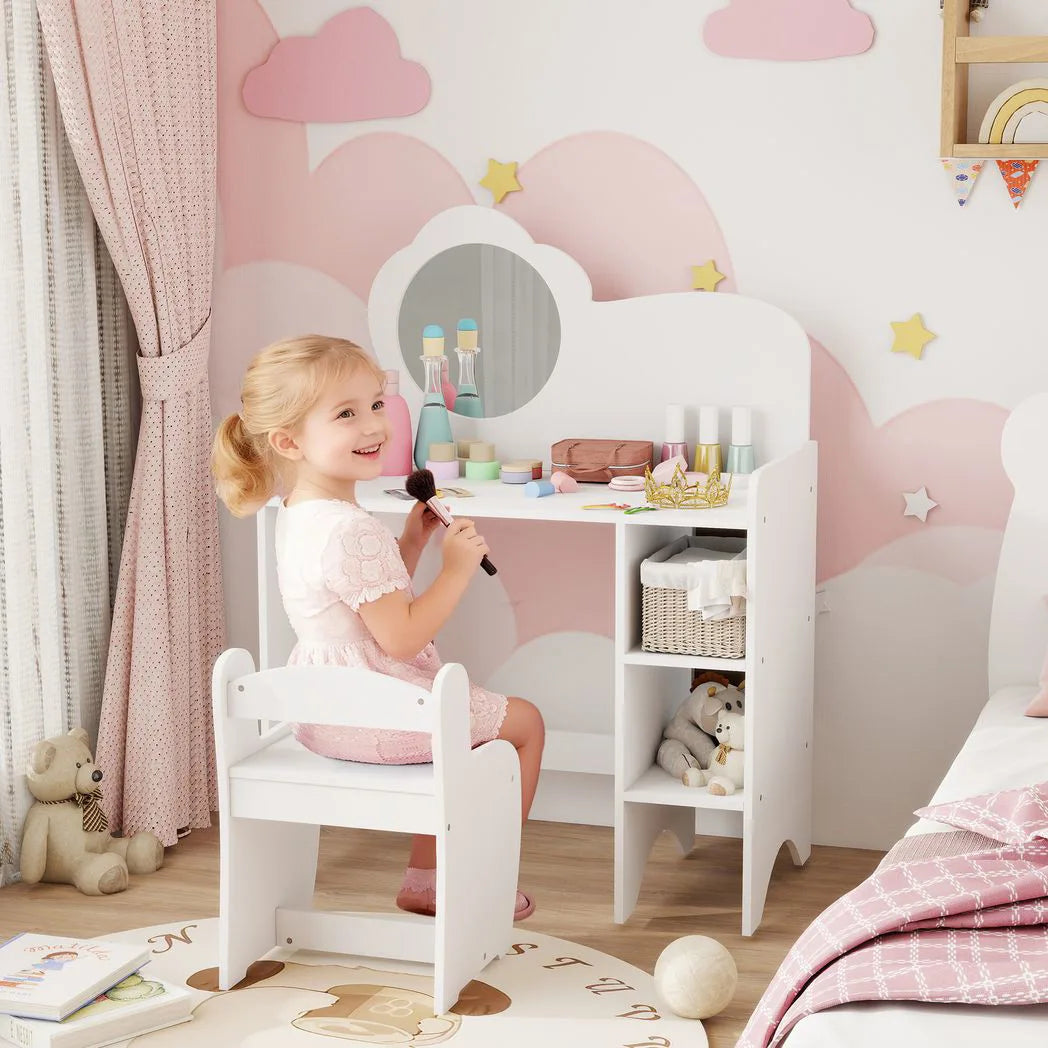 AIYAPLAY Kids Dressing Table with Mirror and Stool – 2-in-1 Vanity Table with Shelves for Ages 3-8, White