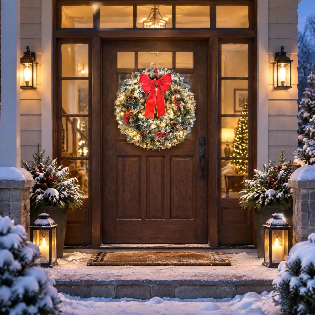 36in Pre-Lit Snow Flocked Christmas Wreath with 100 LED Lights – Lighted Artificial Door Decoration