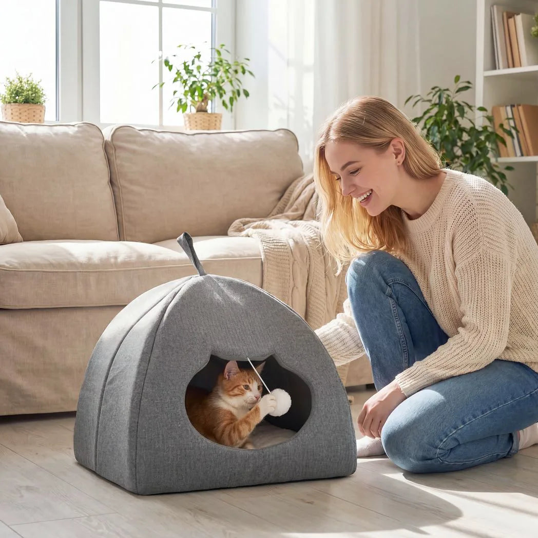 PawHut Cat Cave Bed with Reversible Cushion, Teaser Ball & Anti-Slip Base – Indoor Kitten Igloo House, Grey