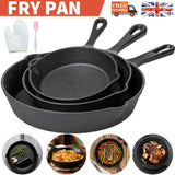 3-Piece Pre-Seasoned Cast Iron Frying Pan Set with Brush & Gloves – Skillet Griddle for Hob and Oven, Black