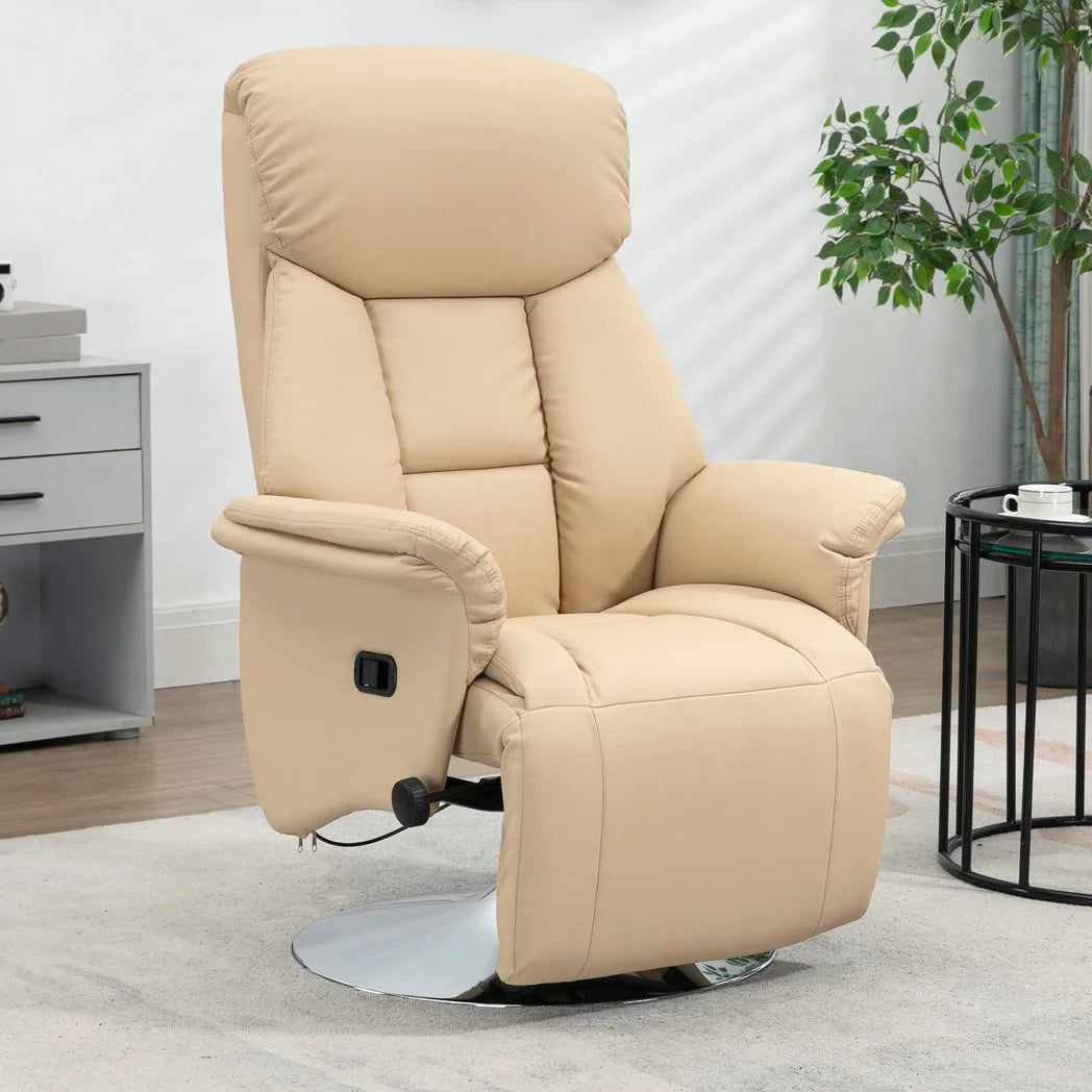 HOMCOM Manual Swivel Recliner Chair with Footrest, Padded Arms & PU Leather – 130° Armchair, Beige