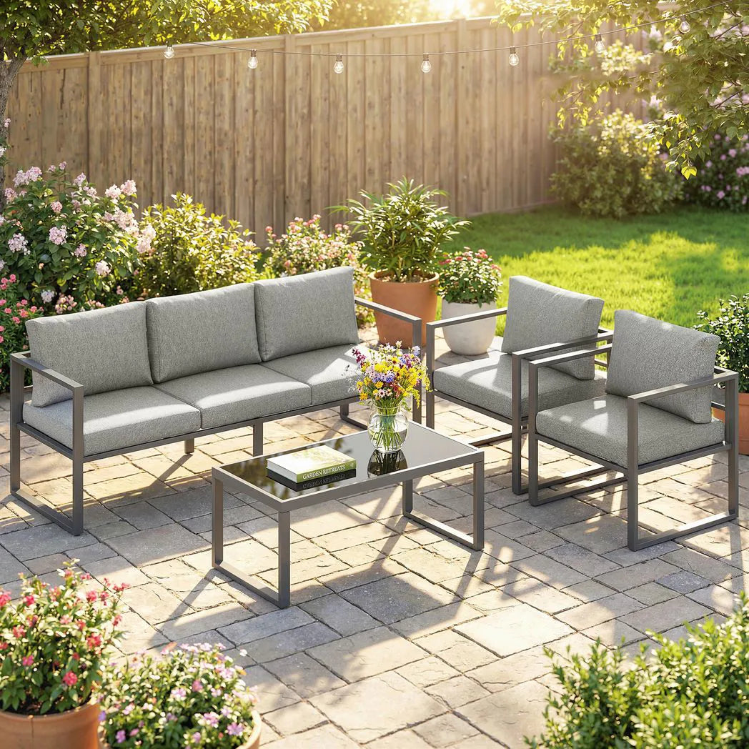 Outsunny 4 Piece Garden Furniture Set with 3-Seater Sofa, 2 Armchairs & Glass Coffee Table – Aluminium Patio Lounge