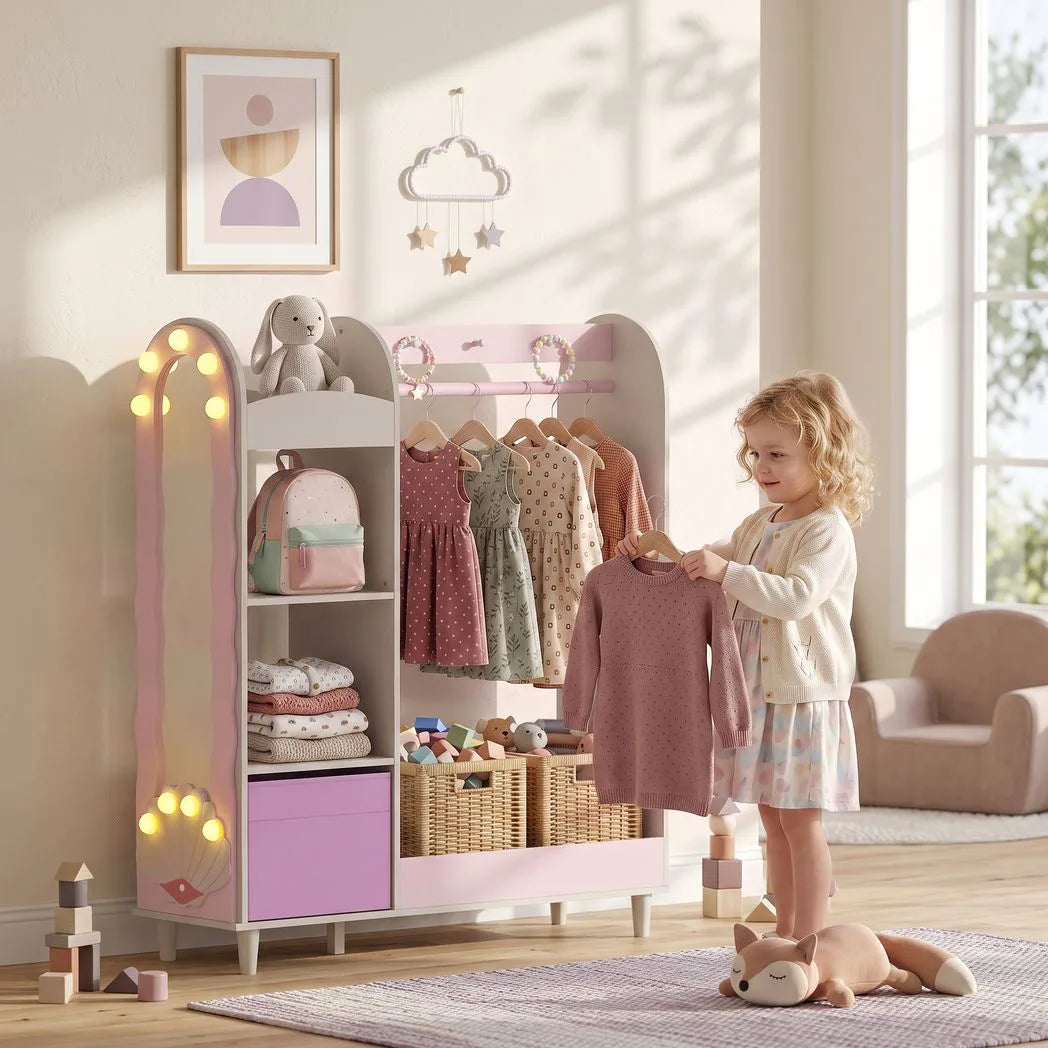 AIYAPLAY Kids Clothing Rack Wardrobe with Glowing Lights Mirror, Fabric Drawer and Shelves, Ages 3–8 – Bedroom, Pink