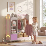 AIYAPLAY Kids Clothing Rack Wardrobe with Glowing Lights Mirror, Fabric Drawer and Shelves, Ages 3–8 – Bedroom, Pink