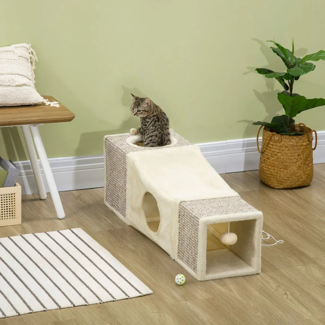 PawHut Plush Cat Tunnel with Two Caves and Hanging Ball – Large Sisal Play Tunnel for Cats, Cream White