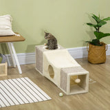 PawHut Plush Cat Tunnel with Two Caves and Hanging Ball – Large Sisal Play Tunnel for Cats, Cream White
