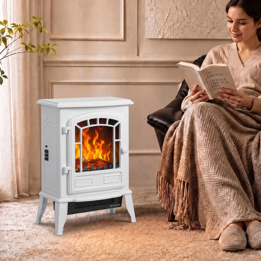 HOMCOM Electric Fireplace Stove, 1000W/2000W Freestanding Fire with LED Flame Effect & Thermostat – White