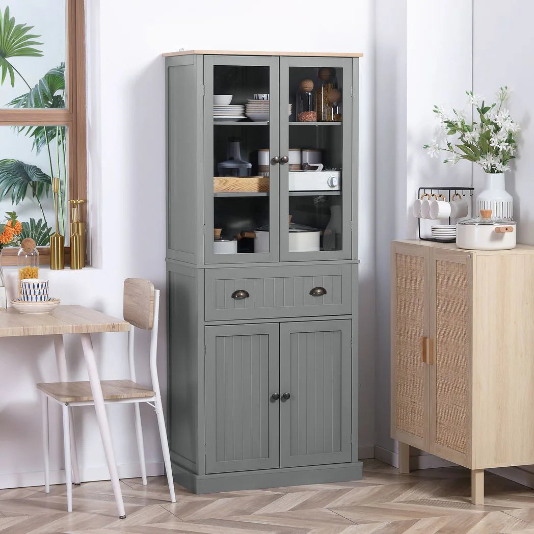 HOMCOM 180cm Tall Kitchen Pantry Cupboard with Glass Doors, 5 Tiers, Adjustable Shelves & Drawer – Freestanding Storage Cabinet, Grey
