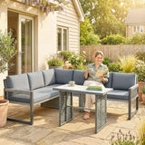 Outsunny 6 Seater Rattan Garden Furniture Set with 3 Loveseats and Glass Table – Modular Corner Sofa, Grey