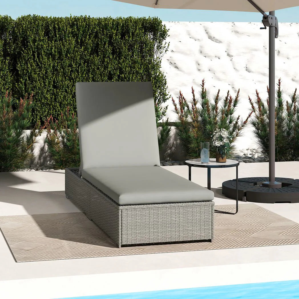 Outsunny Rattan Sun Lounger with Cushion – Five-Position Reclining Garden Lounger Bed, Light Grey