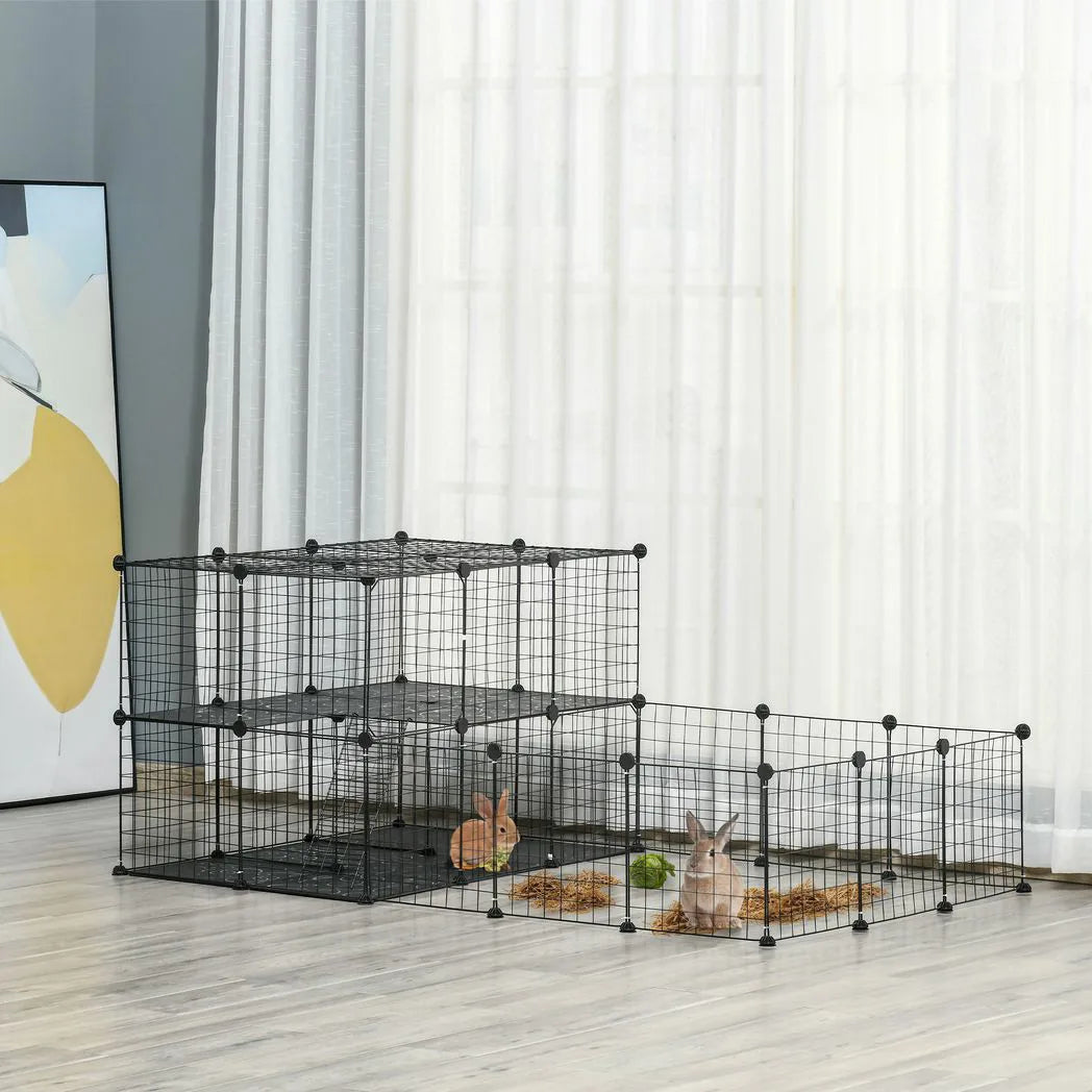 PawHut Small Animal Playpen with Door – Metal Mesh Cage for Guinea Pigs and Rabbits, 175cm, Black