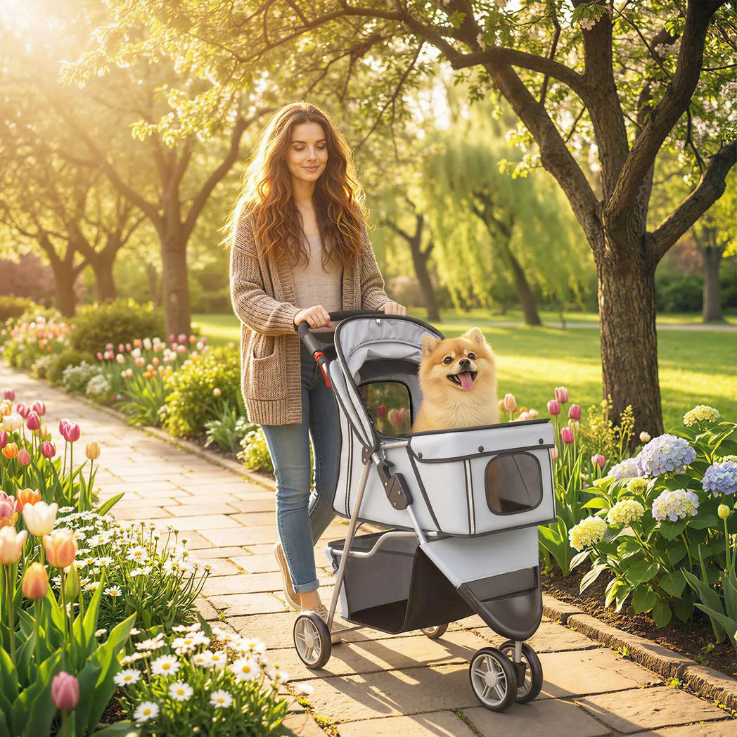 PawHut 3-Wheel Foldable Dog Stroller with Adjustable Canopy and Storage Basket – Small Breeds, Grey