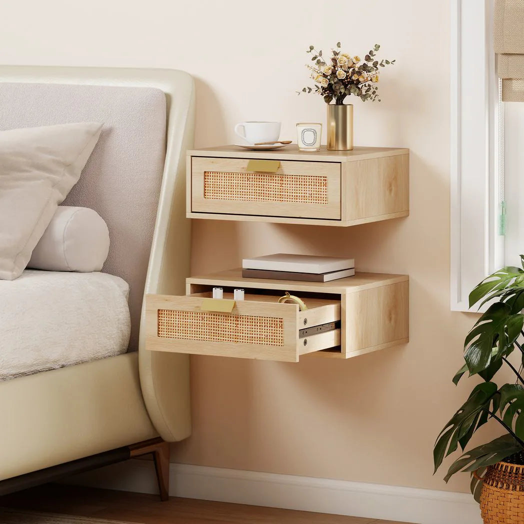HOMCOM Set of 2 Floating Bedside Tables with Rattan Drawers – Wall Mounted Bedside Cabinets, Oak Wood Effect