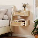 HOMCOM Set of 2 Floating Bedside Tables with Rattan Drawers – Wall Mounted Bedside Cabinets, Oak Wood Effect