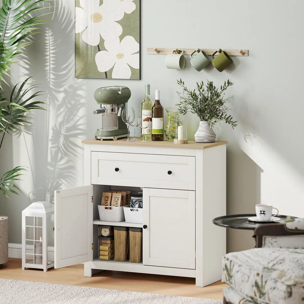 HOMCOM Sideboard Storage Cabinet with Drawer, Double Doors & Adjustable Shelf – Modern Kitchen Cupboard, Cream White