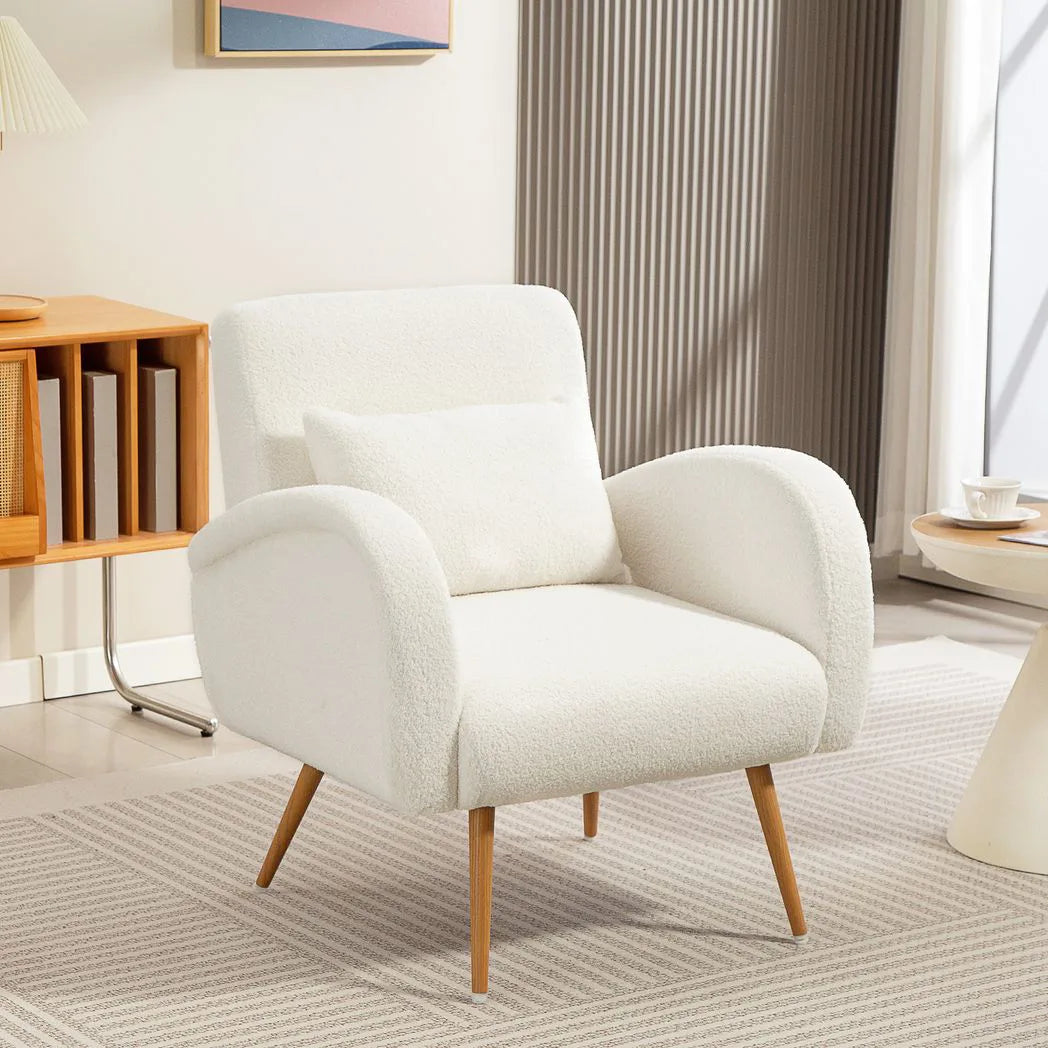 HOMCOM Teddy Fleece Accent Chair with Metal Legs and Curved Armrests – Living Room Armchair, Cream White