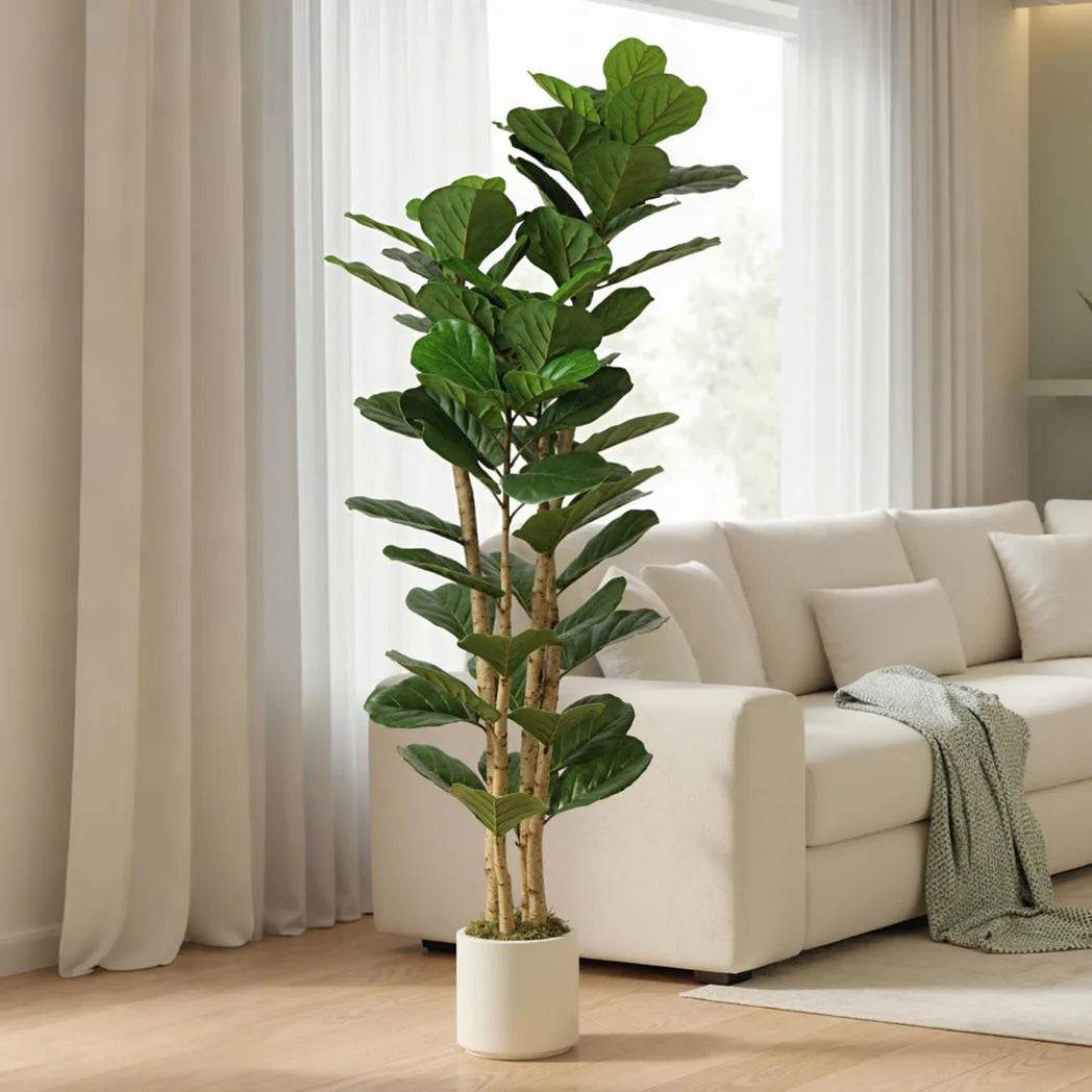 HOMCOM 180cm Artificial Fiddle Leaf Fig Tree in White Pot – Realistic Faux Plant for Home and Office, Green