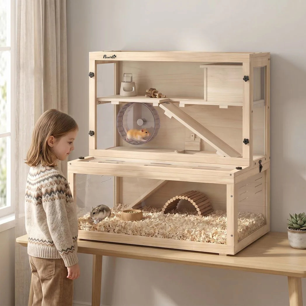 PawHut Wooden Hamster Cage with Hut, Wheel, Ramps and Removable Viewing Panels, 80 x 50 x 84 cm, Natural