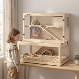 PawHut Wooden Hamster Cage with Hut, Wheel, Ramps and Removable Viewing Panels, 80 x 50 x 84 cm, Natural