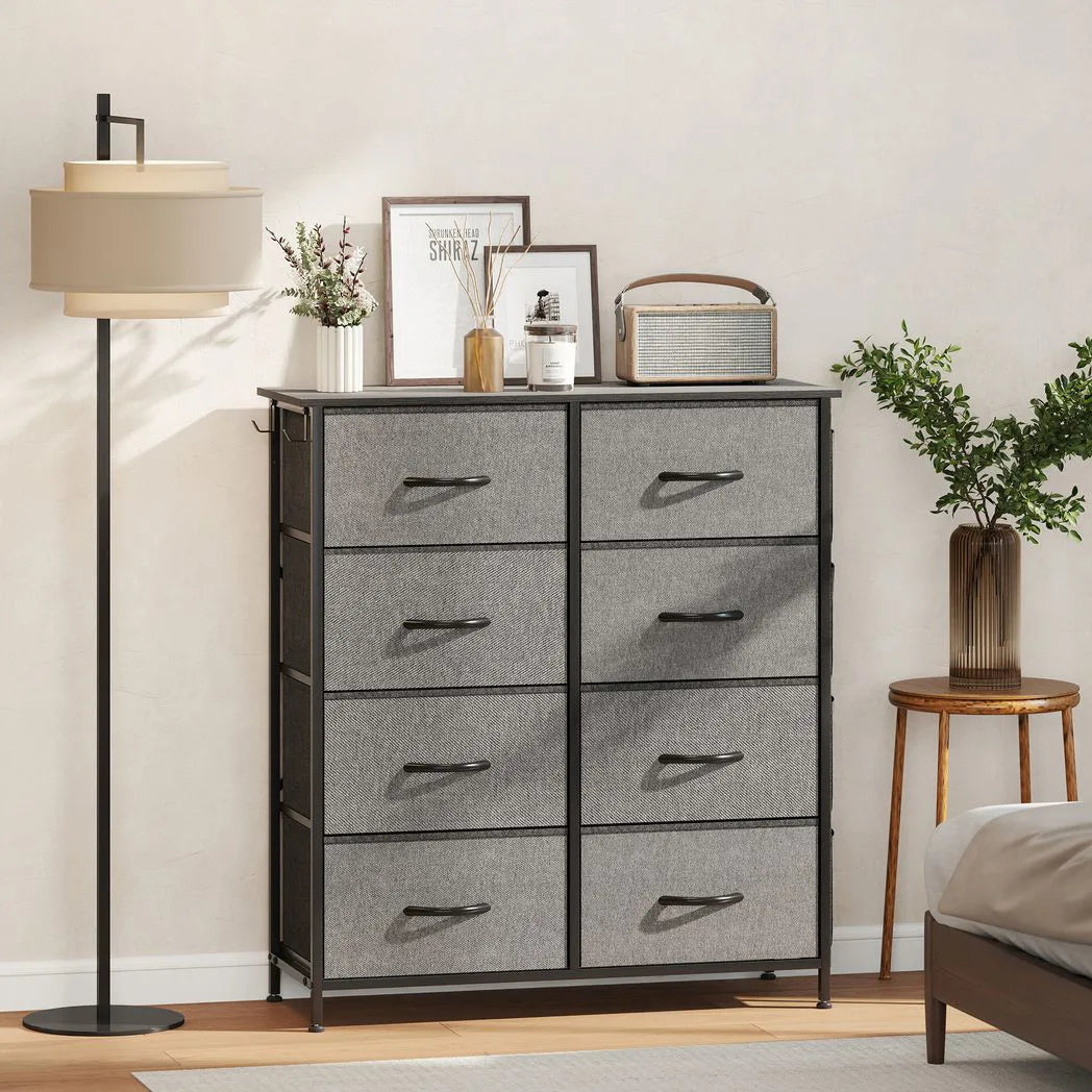 HOMCOM Chest of 8 Fabric Drawers with Steel Frame, Pockets & Hooks – Bedroom Storage, Charcoal Grey
