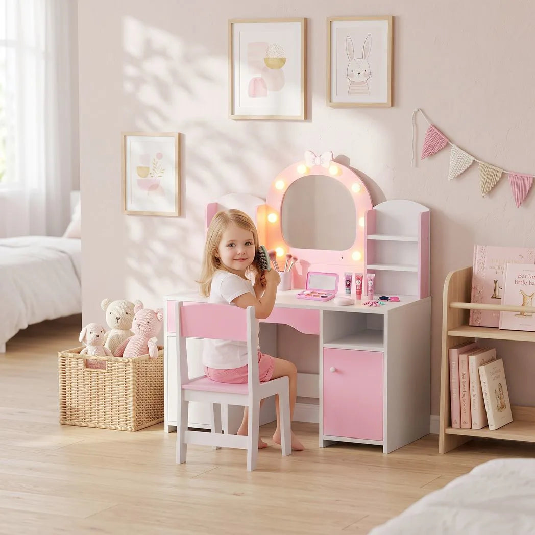 AIYAPLAY Kids Vanity Set with Stool, Dual-Colour Lights Mirror, Cabinets, Drawer & Shelves – Children's Dressing Table, Pink