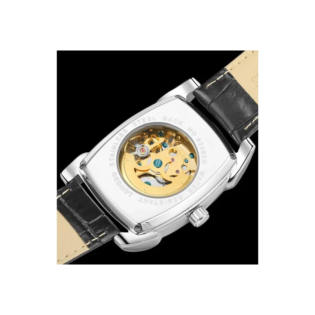 Longbo Mens Automatic Hollow mechanical Dial Analogue Silver/Black Leather Strap Watch
