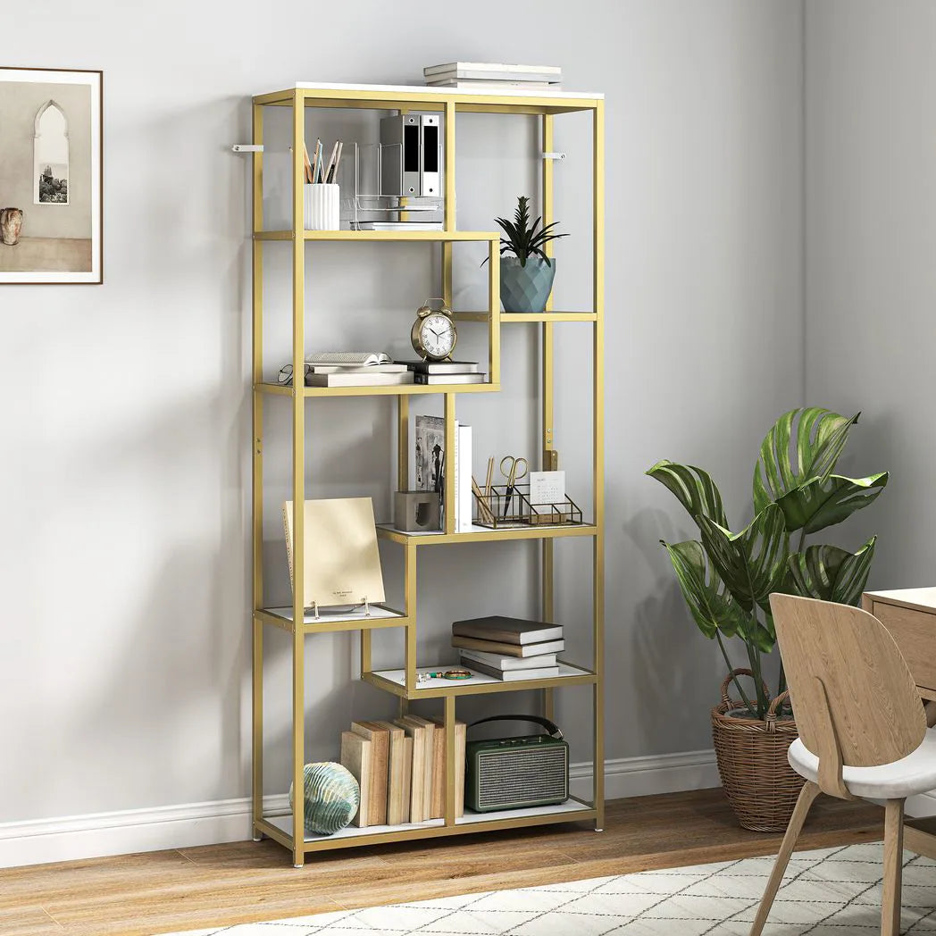 HOMCOM Seven-Tier Geometric Bookcase with Metal Frame – Asymmetrical Display Shelf, White/Gold Tone