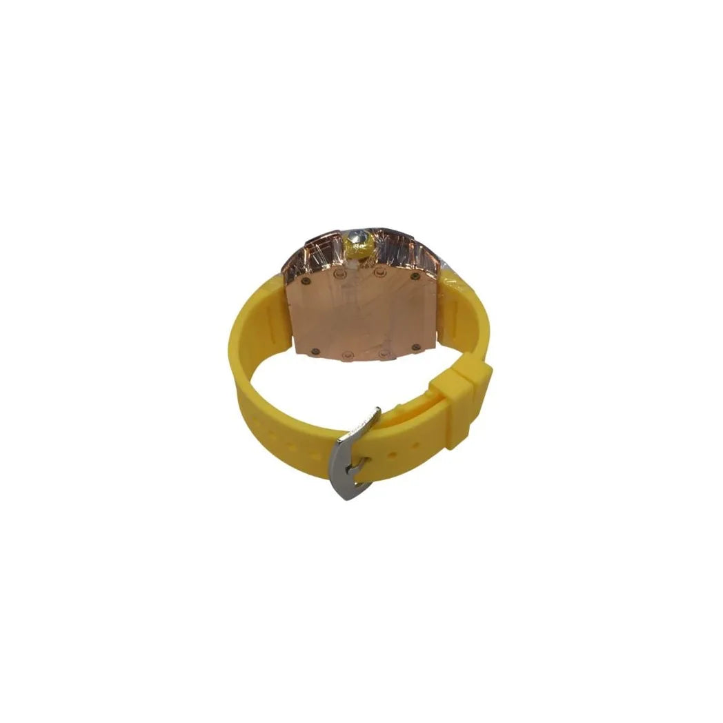 Longbo Gents Quartz Skeleton Watch with Clear Dial and Yellow Rubber Strap – Rose Bling Fashion Wrist Watch