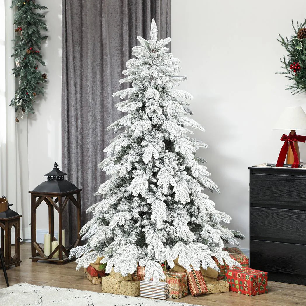 HOMCOM 6ft Snow Flocked Artificial Christmas Tree with 1338 Moulded Tips & Folding Metal Base – Green/White