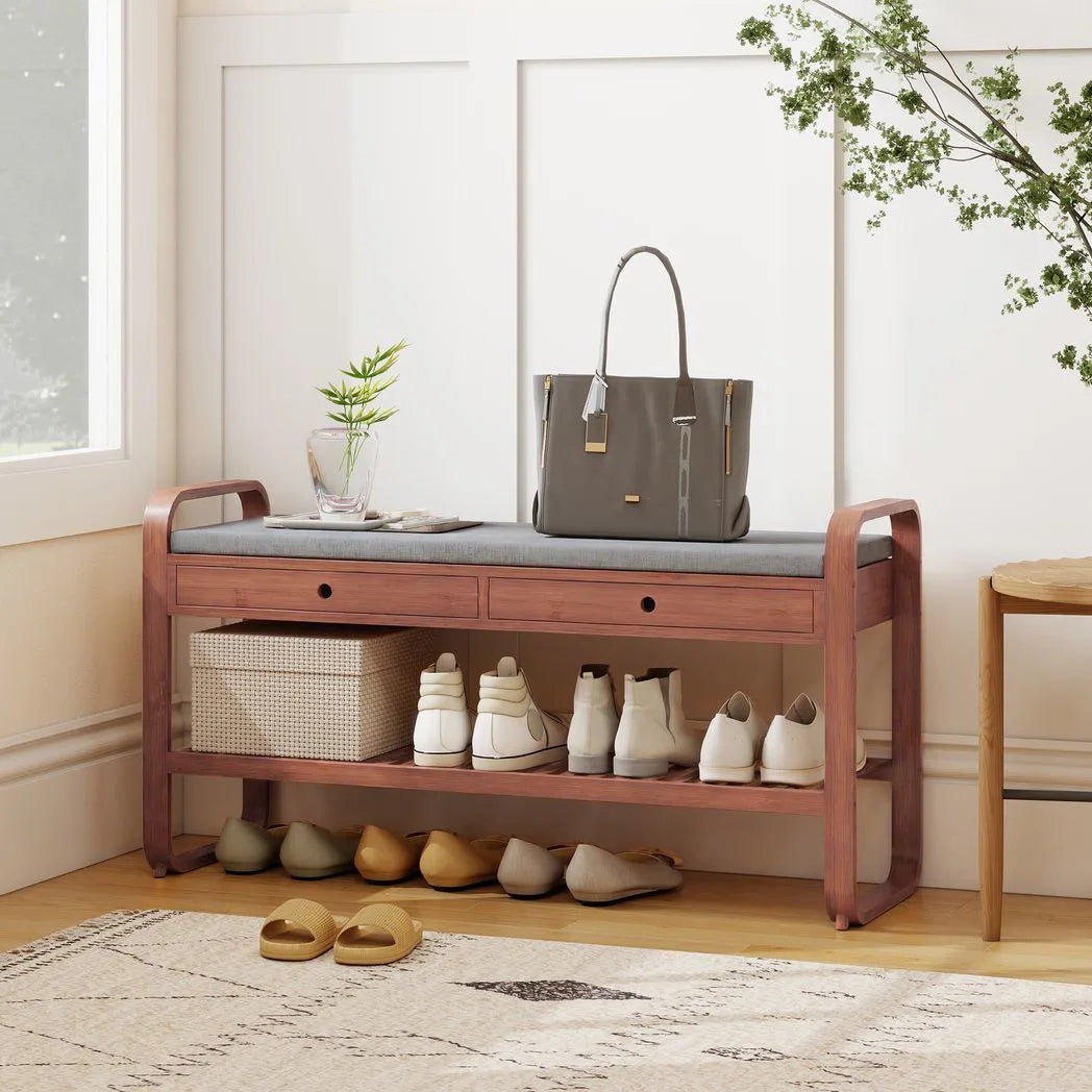 HOMCOM Bamboo Shoe Bench with 2 Drawers & Cushioned Seat, 105 cm – Dark Brown & Grey
